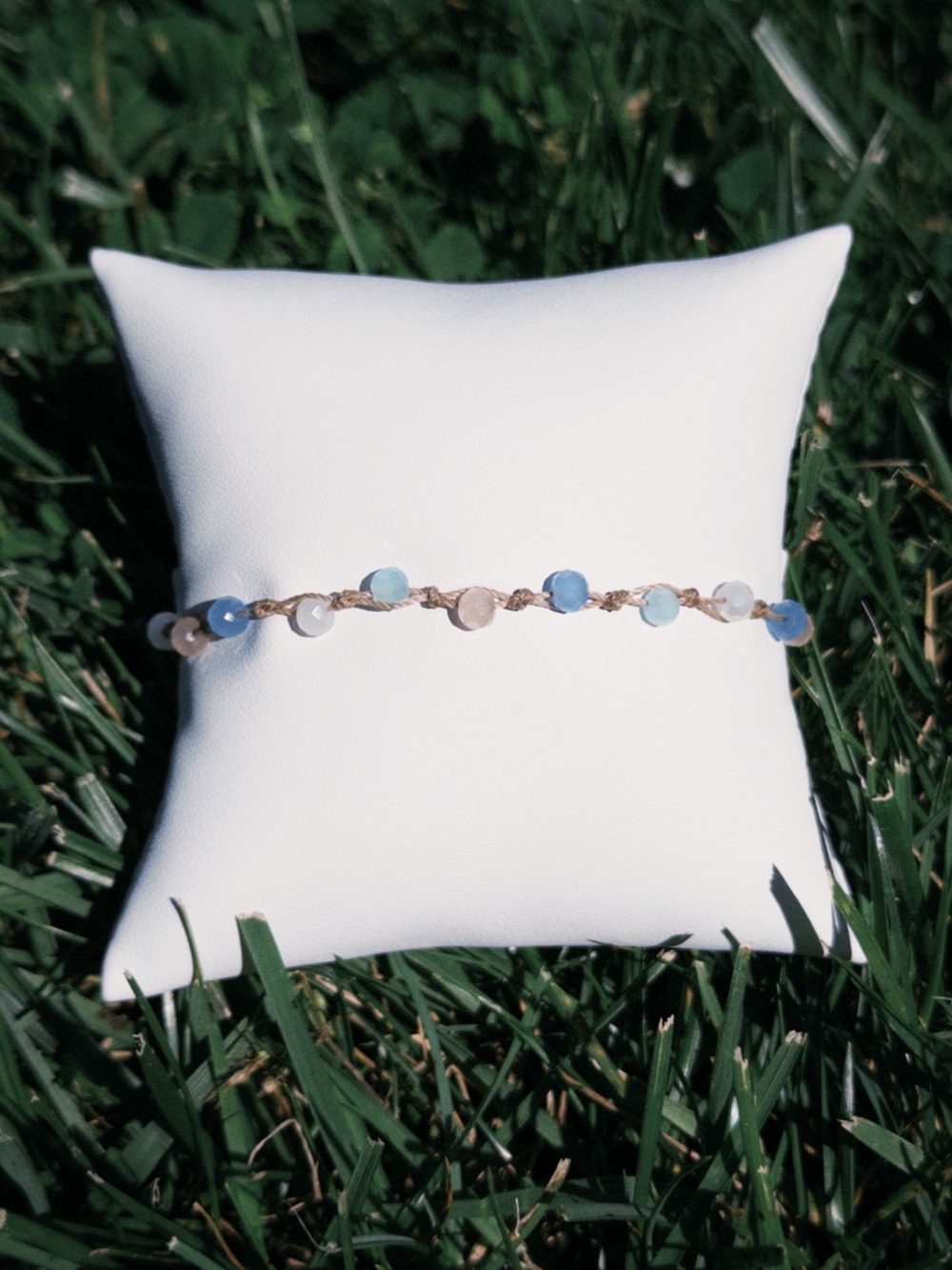 Micro Macrame Handmade Bracelet, Teal, Blue, Pink, White Beads, Brown String